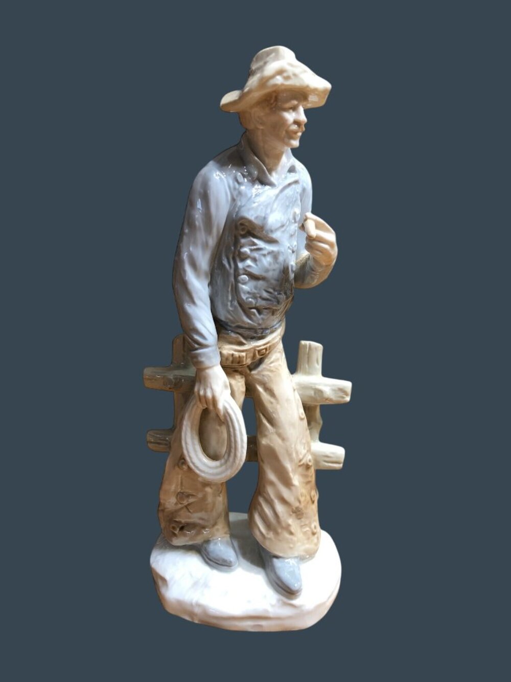 Porcelain Figurine Cowboy Sculpture Hat Cigar Rope Japan Western Rodeo Blue